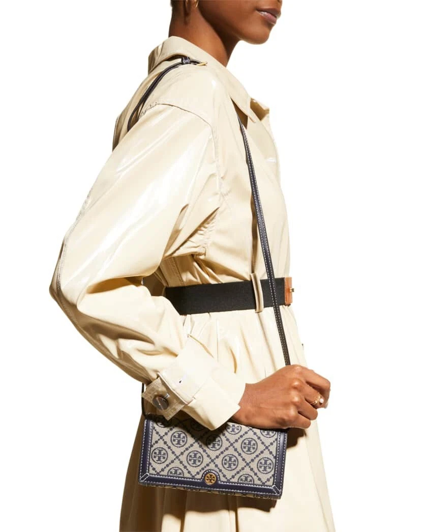 Nuovo portafoglio jacquard monogramma Tory Burch T tracolla pochette 135846 $348