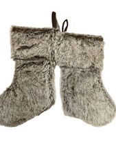 Set of Two Fluffy Faux Fur Gray White Blend Christmas Stockings Cabin Lake 18"