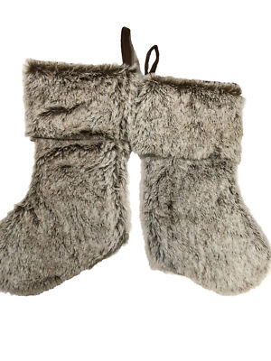 Set of Two Fluffy Faux Fur Gray White Blend Christmas Stockings Cabin Lake 18''