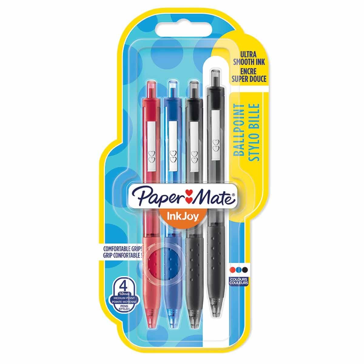 Paper Mate Inkjoy Retractable Ballpoint Pens. Asst Colours. Pack of 4.