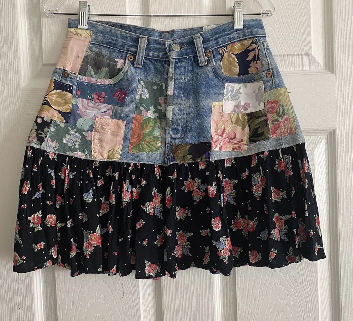 Vintage Levi Strauss Repurposed Recycled Denim Jean Skirt Boho