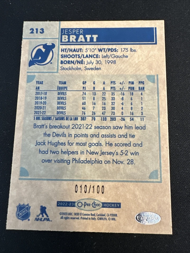O-Pee-Chee 2022-23 JESPER BRATT RETRO HOCKEY CARD #213 NEW JERSEY BLACK /100 - Image 2 of 2