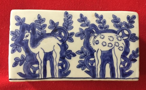Porcelain Vase Flower Frog Brick in the Delft Chinese Blue & White Manner Deer - Picture 9 of 11