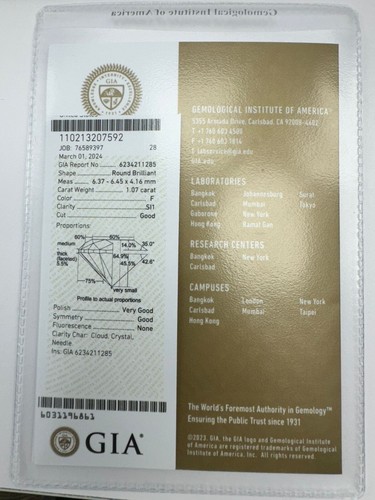 1.07 carat Natural Diamond | GIA certified | Shape - Round | Color- F | SI1 - Picture 2 of 8