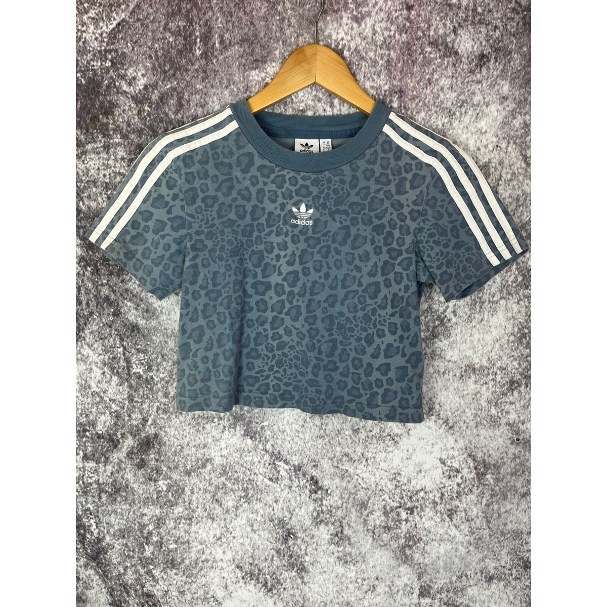 Adidas Shirt Top Tee Womens Teens XS Blue Leopard Cropped