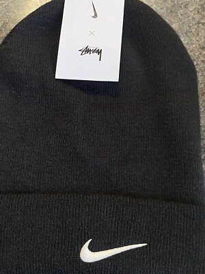 NIKE x STUSSY Cuffed Beanie Hat Black Embroidered Collaboration