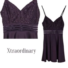 Dark Purple Party Dress, Mesh Striped Waistline, Lace Bust Accents, Size 3