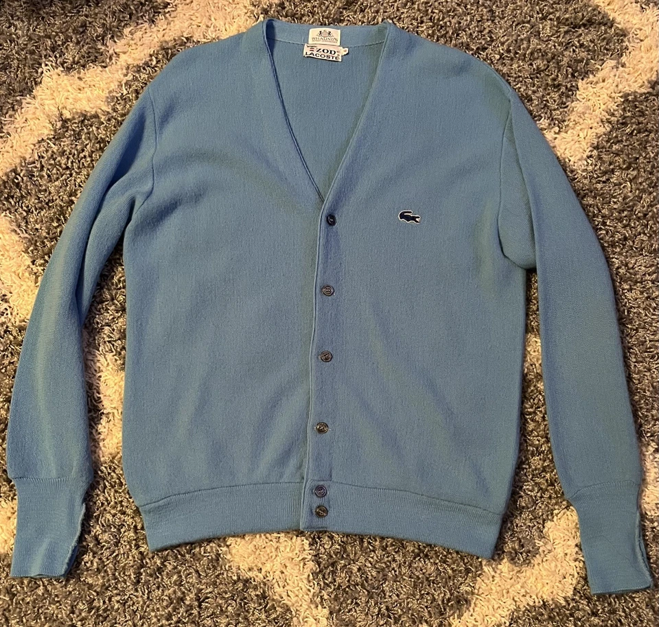 Cárdigan tejido vintage azul Lacoste Izod abotonado suéter con logotipo talla grande Foto 3 de 4