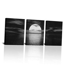 3 Piece Black and White Bathroom Canvas Wall Decor Ocean Under Moonlight