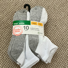 Wonder Nation Boys Ankle Socks Cushioned Comfort Toe 10 Pairs Large Gray/White