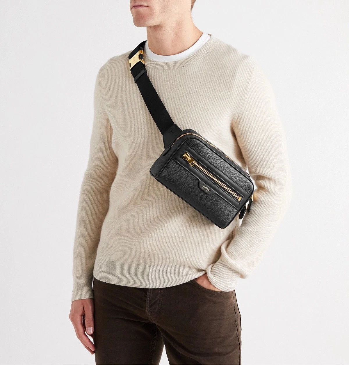 Tom Ford — TOM FORD Black Full Grain Leather Gold Zipper Crossbody Belt Bum Bag Fanny Pack