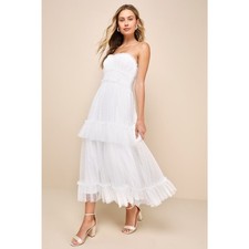 Lulus Women L White Tulle Swiss Dot Strapless Tiered Midi Dress NEW Romantic