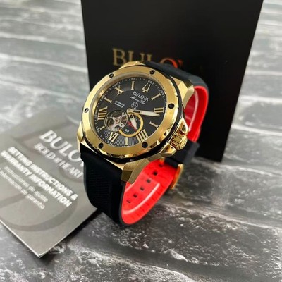 New Bulova Marine Star 98A272 Men's Automatic Watch Black Rubber Strap 44.5 mm