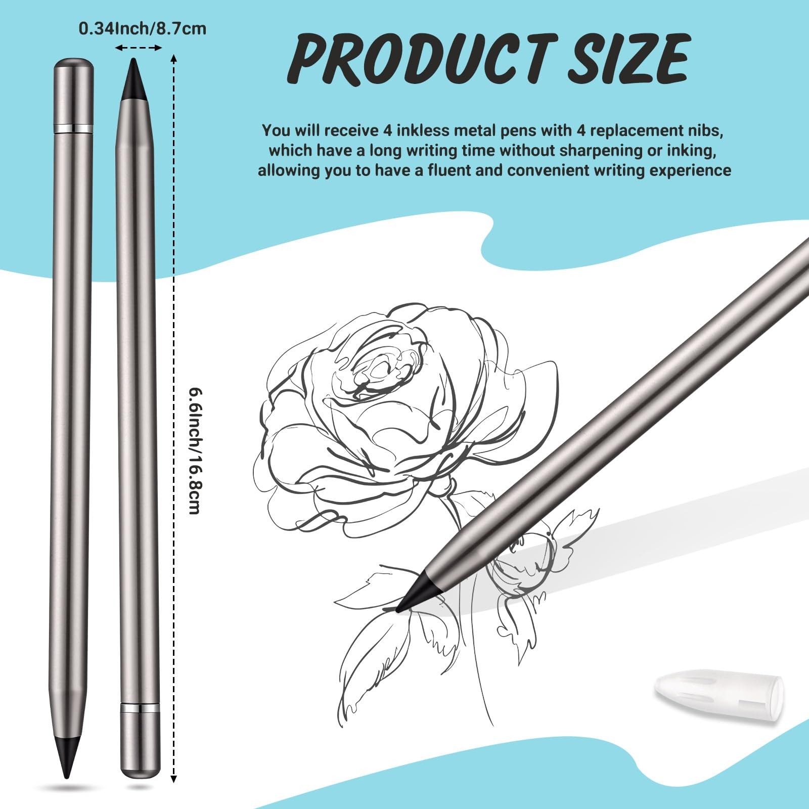 Metal Inkless Pen Inkless Erasable Aluminum Pencil with Eraser for Writing