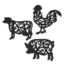 Zeckos Set of 3 Black Cast Iron Farm Animal Kitchen Trivets Wall Hanging Art