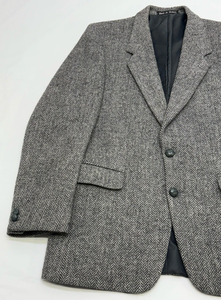 VTG 80s Dunn & Co Harris Tweed Two-Tone Gray Herringbone Wool Flannel Tweed 38R - Image 4 of 4