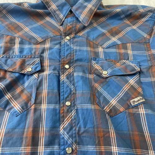 Camisa Wrangler Wrancher Hombres Med Azul Naranja Cuadros Perla A Presión Western Manga Larga - Imagen 4 de 12