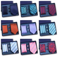 Men Paisley Striped Polka Dots Necktie Pocket Square Cufflink Wedding Boxed Set