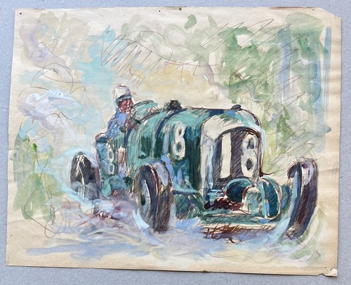 Bentley 4.5 L SC 1930 French Grand Prix original pen/ink art car #18 Tim Birkin