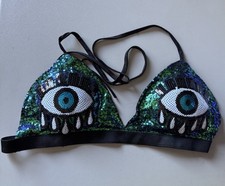 Rave Wonderland Evil Eye Sequin Bra Bikini Top M/L Festival Rave Halter