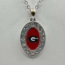 Georgia Bulldogs Sports Logo Oval Pendant Necklace Silver Tone Crystal Accent