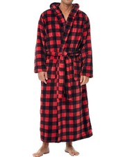Alexander Del Rossa Mens Robe, Plush Large, Red Black Buffalo Check Plaid