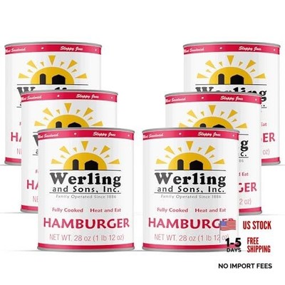 Werling Meats Canned Hamburger 28 Oz   Fully Cooked Ground Beef, Heat Pack of 6
