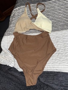 NWOT Shein Women's One Piece Brown & Cream Swimsuit, Size Large