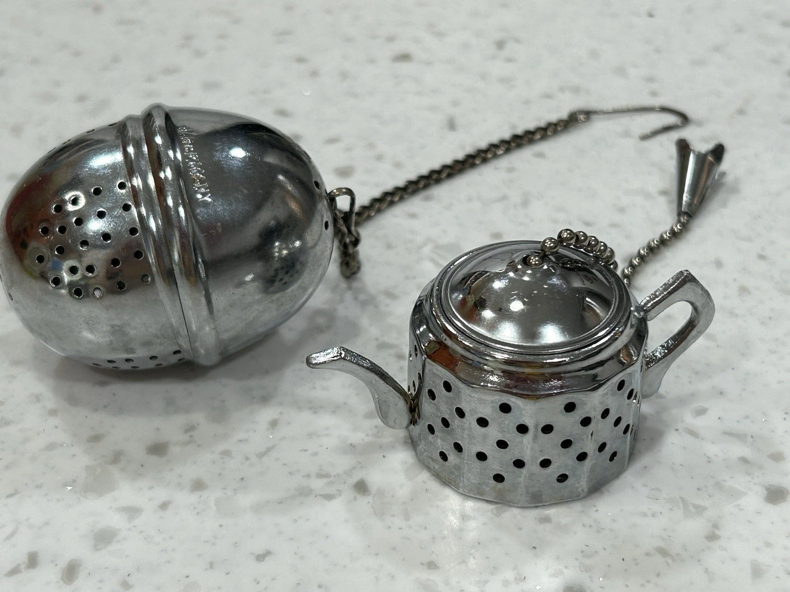 Vintage Set 2 Tea Strainers Infuser On Chains, Round And Teapot Shape