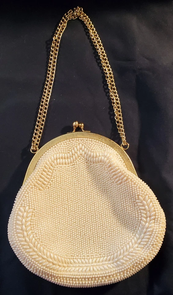 Vintage Handmade Seed Pearl Beaded Evening Bag Ivory Kiss Lock made in Hong Kong Foto 2 de 4