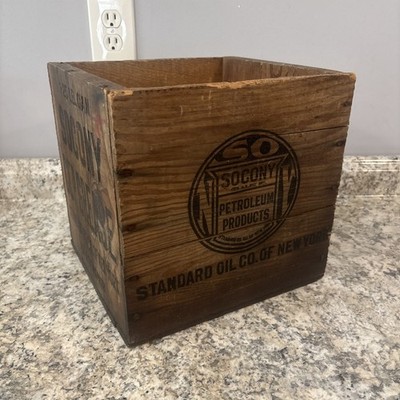 ANTIQUE STANDARD OIL COMPANY OF NEW YORK SOCONY WOOD BOX GAS OIL CUP GREASE