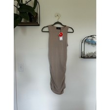 NWT Cider Tan Ribbed Ruched Side Bodycon Sleeveless Midi Dress Size Large
