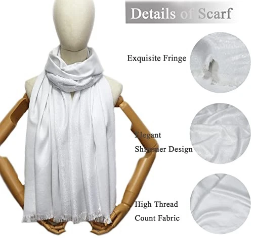  Chales y envolturas de pashmina metálicas brillantes para mujer largas de fiesta blancas/plateadas Foto 3 de 4