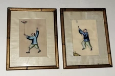 2 Vtg Chinese Rice Paper Watercolor Character Paintings in Bamboo Style Frames