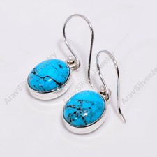 Natural Blue Turquoise Gemstone 925 Sterling Silver Dangle Earrings Gift For Her