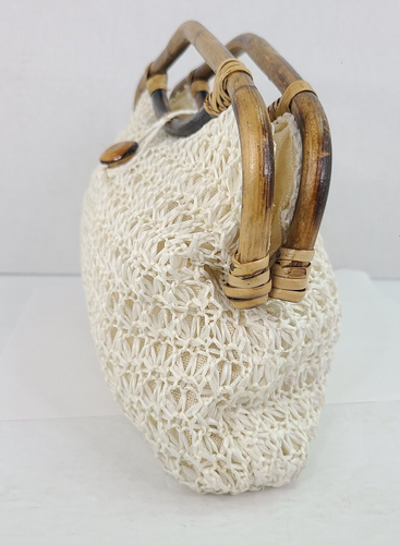 Vintage MCM Woven Macrame Handbag Purse Bamboo Handle Clutch 70's MOD Fashion - Picture 3 of 17