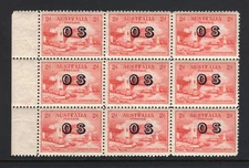 M2993 Australia 1932 SGO134 - 2d scarlet marginal block of 9, no wmk, perf 11.