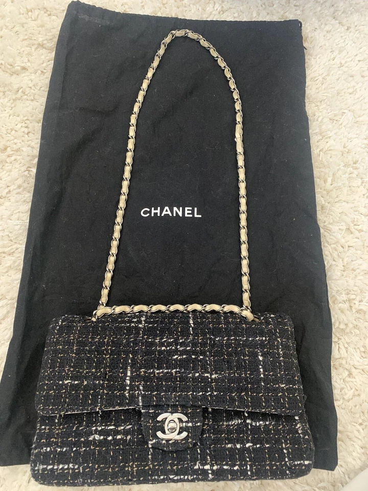 Chanel Classic Double Flap Black White Beige Chain Handles Tweed Bag - Image 3 of 4