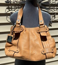 Genuine Tignanello Camel Tan Leather Handbag Purse w/ Charm & Clean Lining