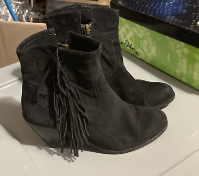 Sam Edelman Womens Louie Suede Ankle Boots Black Fringe Zip Block Heel 