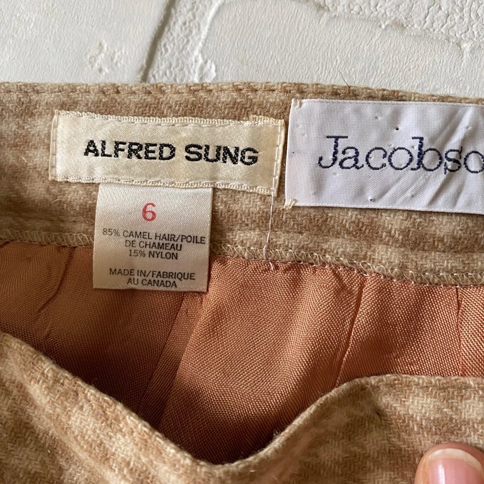 Alfred Sung Vintage High-Waisted Camel Hair Skirt Size 6 Beige White Houndstooth - Image 4 of 4