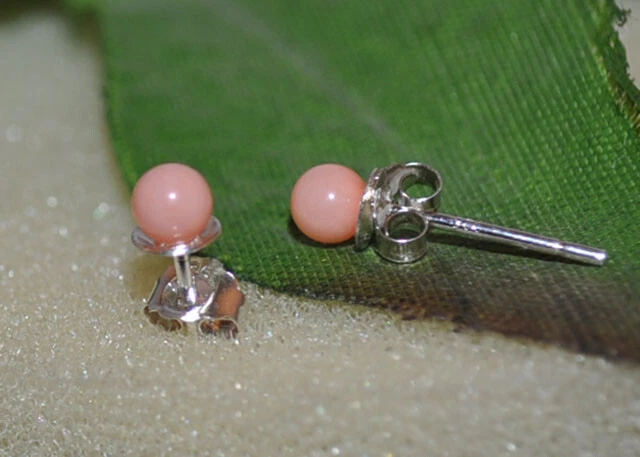 1 Paire Boucles d'oreilles Puces Perles Rondes Corail Rose & Argent 925 -Neuve ! - Photo 2/2
