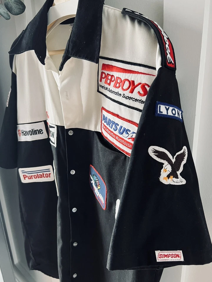 Vintage Simpson Button Shirt Racing Patches 50/50 USA L Pit Crew Bowling 70s 80s - Image 2 of 4