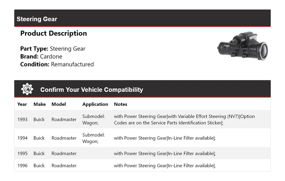 Para Buick Roadmaster 1993-1996 engranaje de dirección Cardone 1994 1995 Foto 2 de 4