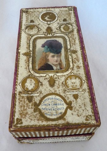 Antique Victorian French Irish Linen hankerchief box gilt double sided men adver