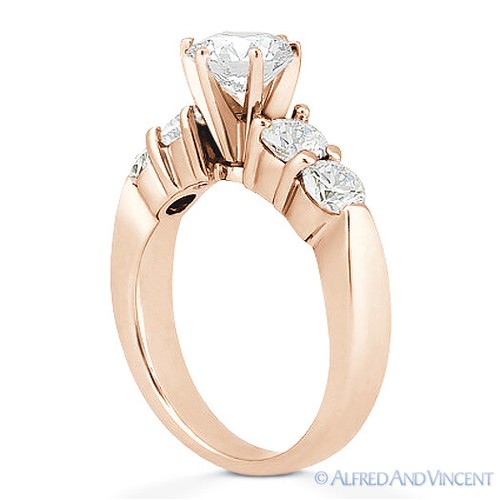 Anillo de compromiso de cinco piedras moissanita de corte redondo 6 clavijas Ctr 5 en oro rosa 14k - Imagen 3 de 5