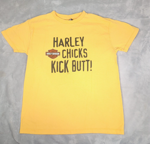 Harley Davidson Shirt Womens Large Yellow Chics Rule Print Short Sleeve USA