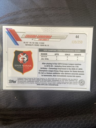 EDUARDO CAMAVINGA 2020 21 TOPPS CHROME UCL #44 RC PURPLE MINI-DIAMOND /250 - Picture 2 of 2