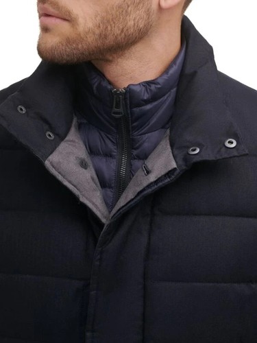 Cole Haan V3604 Mens Navy Stand Collar Quilted Down Inset Bib Coat Size S - Picture 8 of 8
