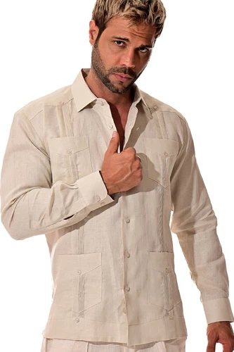 Bohio 100% Soft Linen Guayabera Men Shirt - Natural Traditional 4 Pocket -MLS401